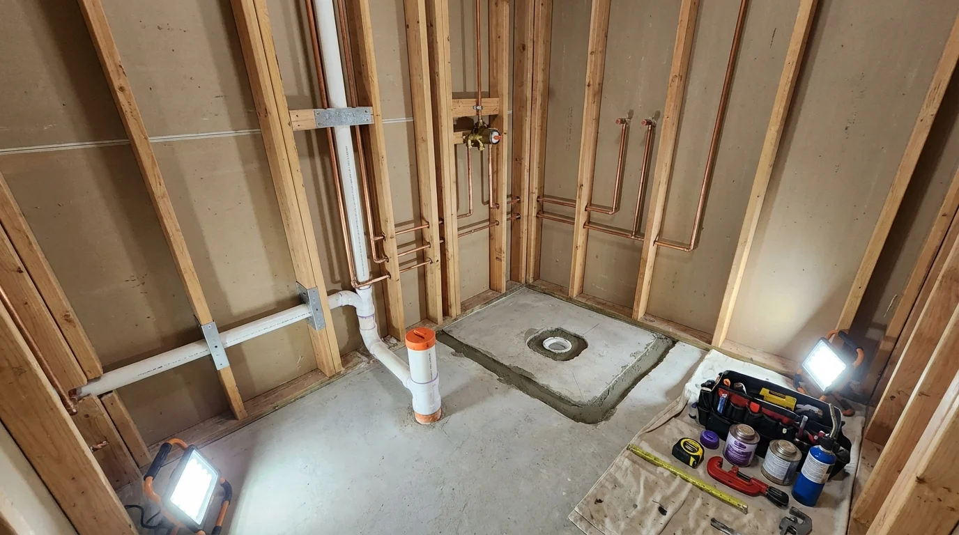 Bathroom rough-in plumbing during remodel by Johns Plumbing LLC in North Port