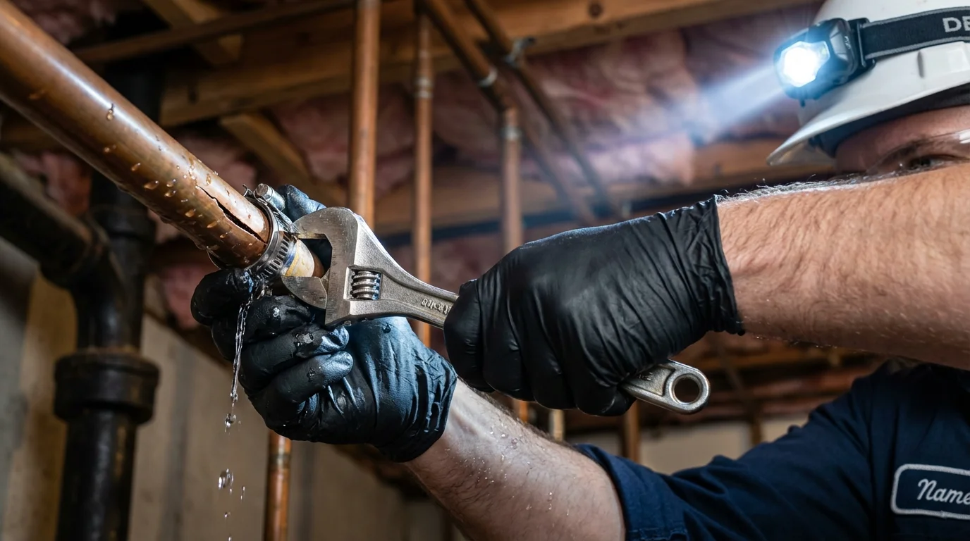 Emergency pipe clamp repair being performed by a Johns Plumbing LLC plumber in North Port