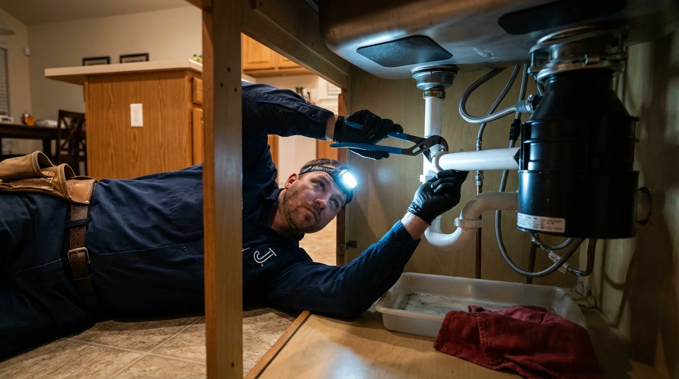 P-trap and supply line connections under a kitchen sink showing a common leak point in North Port, FL